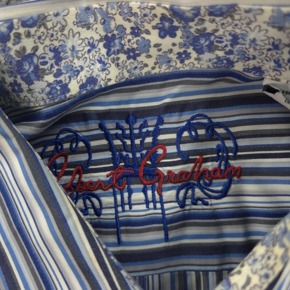 Robert Graham Shirt Mens M Blue Stripe Floral Contrast Flip Cuff Casual Preppy‎ - Picture 6 of 14